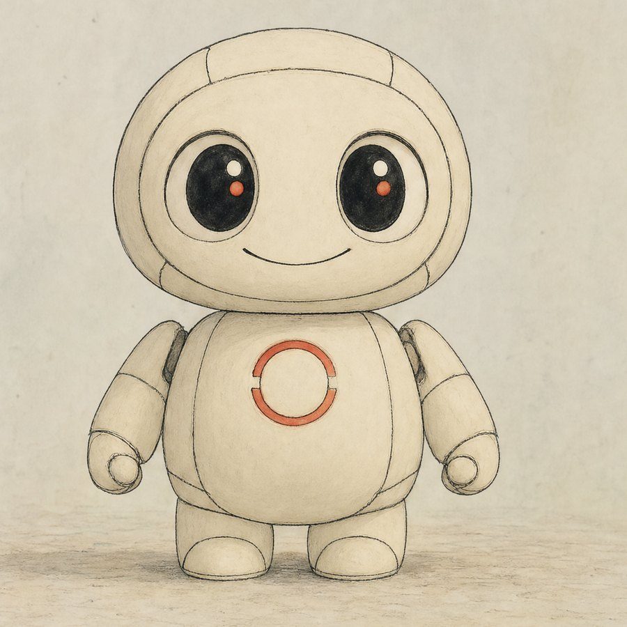 The Makoto character, a hand-drawn robot with a vermilion ring on its chest